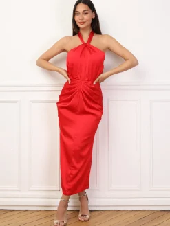 Outlet La Modeuse Robe satinée froncée à col noué Rouge