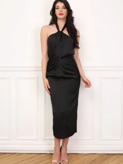 La Modeuse Robe satinée froncée à col noué Noir