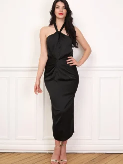 La Modeuse Robe satinée froncée à col noué Noir