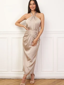 Sale La Modeuse Robe satinée froncée à col noué Dorérose