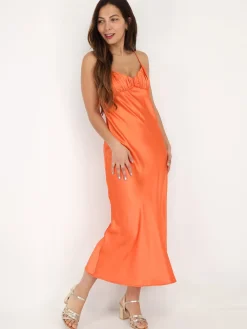 New La Modeuse Robe satinée style corset froncé Orange