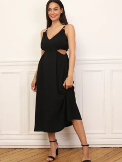 Outlet La Modeuse Robe taille cut out mi-longue Noir