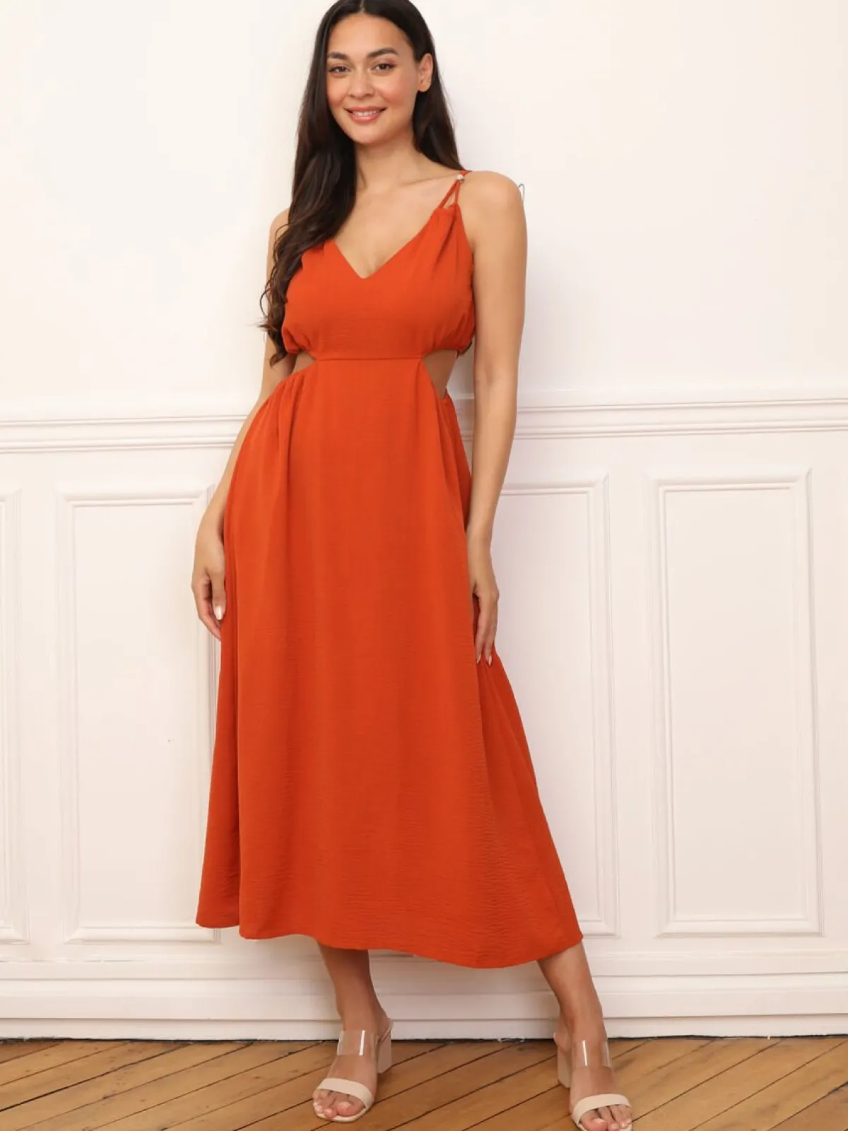 Clearance La Modeuse Robe taille cut out mi-longue Orange