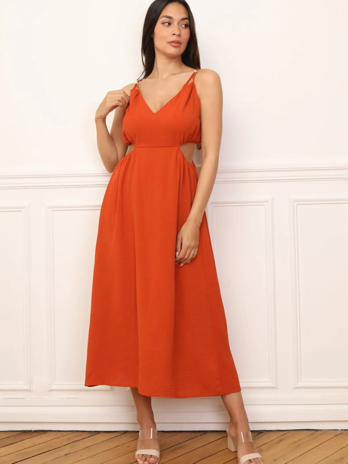 Clearance La Modeuse Robe taille cut out mi-longue Orange