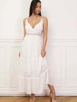 Online La Modeuse Robe évasée à crochet et éclats dorés Blanc