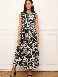 Outlet La Modeuse Robe évasée à volants et ceinture Noir