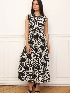 Outlet La Modeuse Robe évasée à volants et ceinture Noir