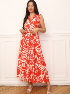 Discount La Modeuse Robe évasée à volants et ceinture Rouge