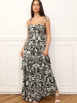 Discount La Modeuse Robe évasée à volants et fleurs Noir