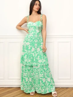 Discount La Modeuse Robe évasée à volants et fleurs Vert
