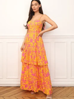 Clearance La Modeuse Robe évasée à volants et fleurs Orange