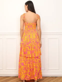 Clearance La Modeuse Robe évasée à volants et fleurs Orange