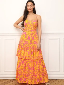 Clearance La Modeuse Robe évasée à volants et fleurs Orange