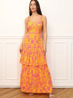 Clearance La Modeuse Robe évasée à volants et fleurs Orange