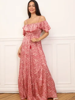 Online La Modeuse Robe évasée à volants et motif cachemire Rouge