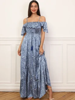 New La Modeuse Robe évasée à volants et motif cachemire Bleu