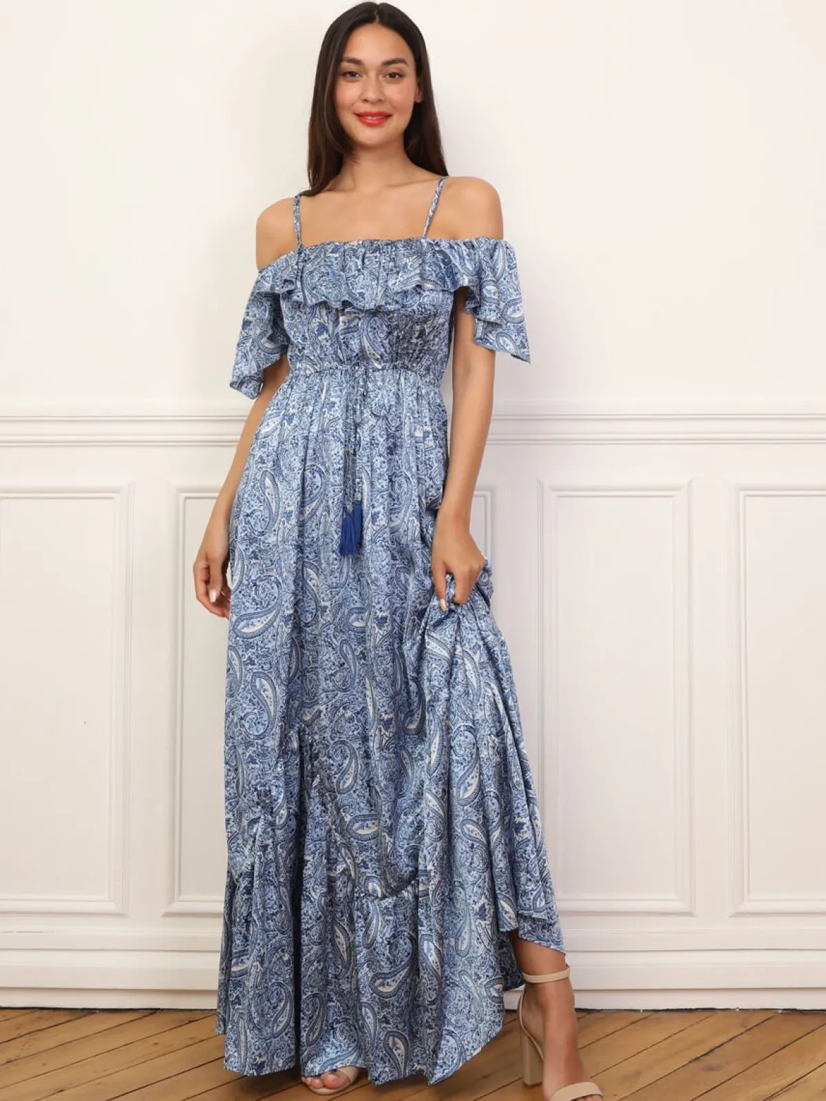 New La Modeuse Robe évasée à volants et motif cachemire Bleu