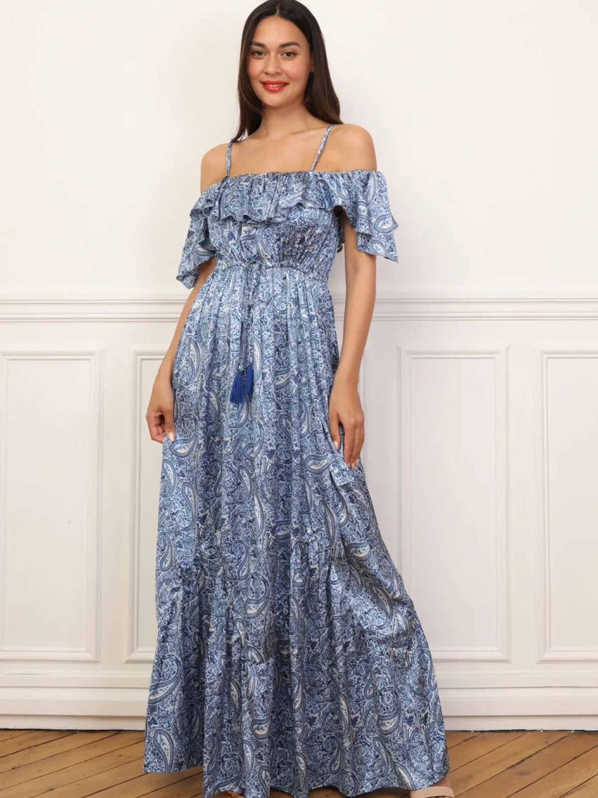 New La Modeuse Robe évasée à volants et motif cachemire Bleu