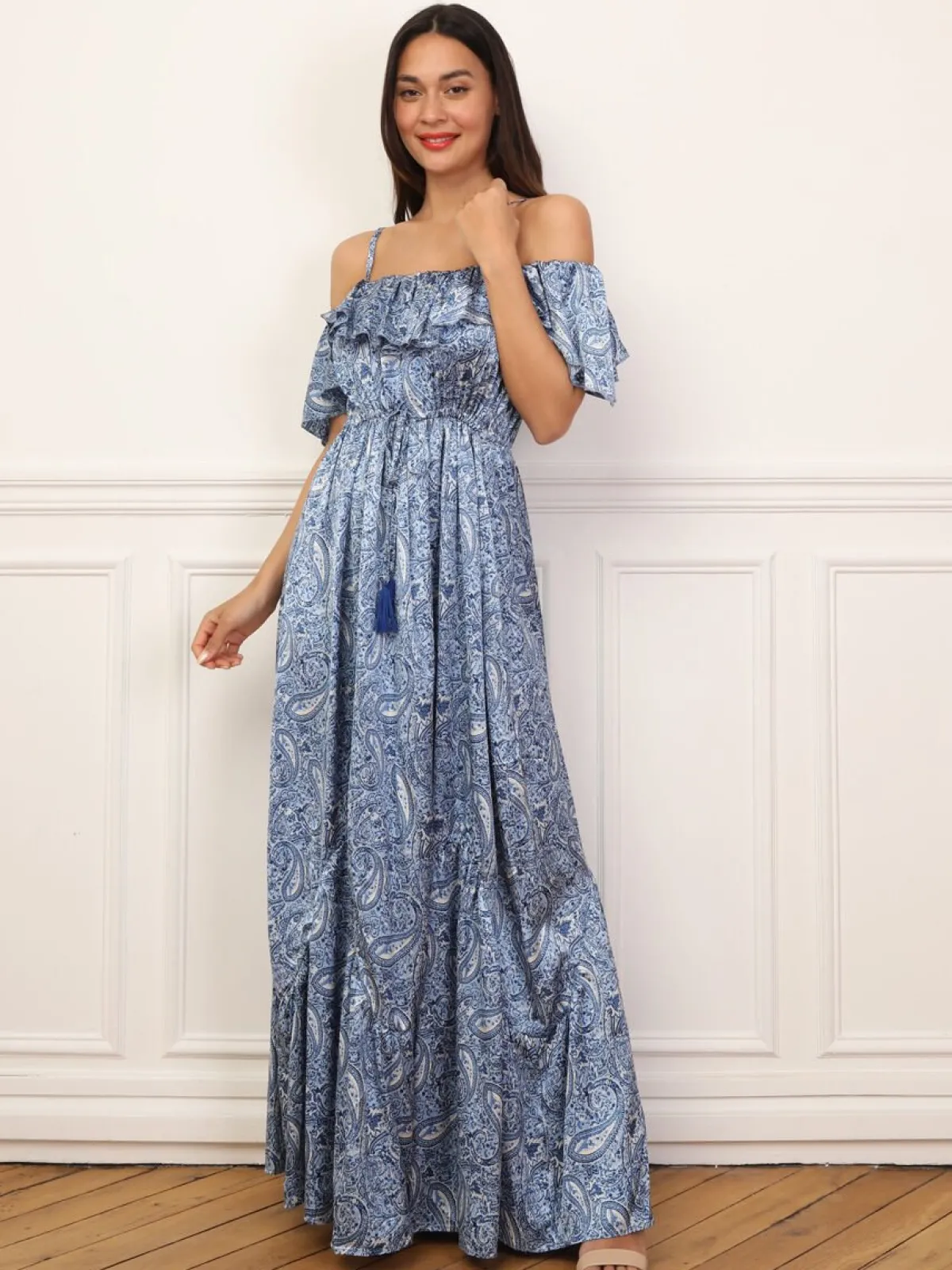 New La Modeuse Robe évasée à volants et motif cachemire Bleu