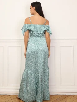 Online La Modeuse Robe évasée à volants et motif cachemire Turquoise