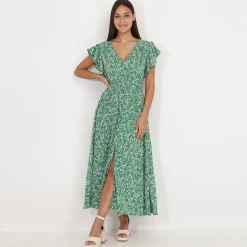Clearance La Modeuse Robe évasée smockée à fleurs Vert