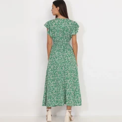 Clearance La Modeuse Robe évasée smockée à fleurs Vert