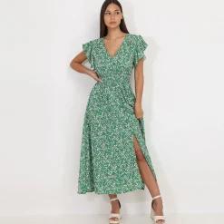 Clearance La Modeuse Robe évasée smockée à fleurs Vert