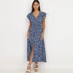 New La Modeuse Robe évasée smockée à fleurs Bleu