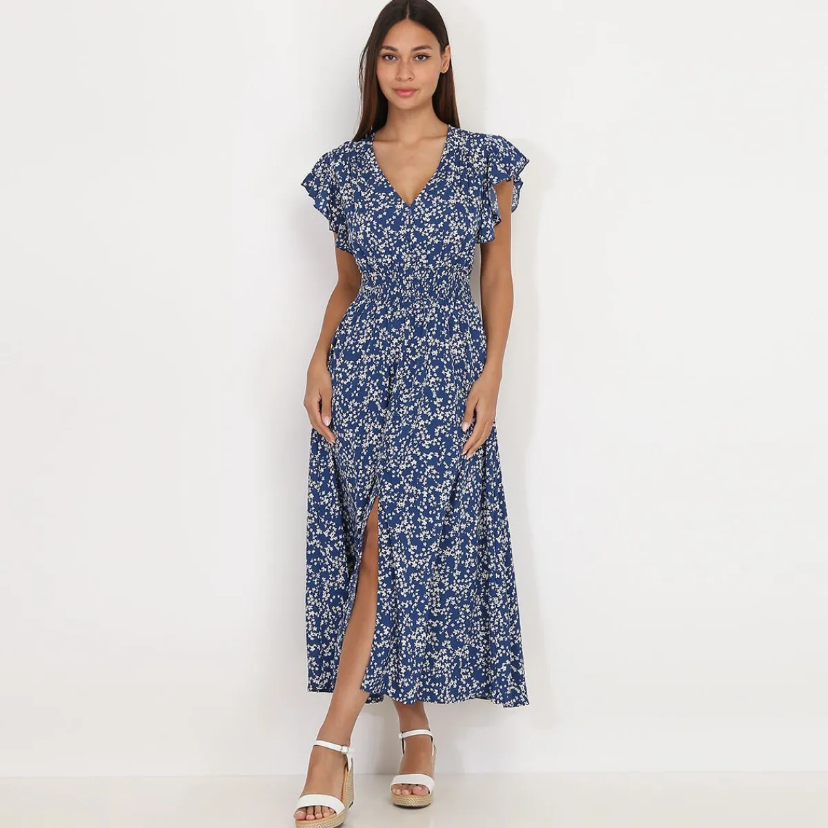 New La Modeuse Robe évasée smockée à fleurs Bleu
