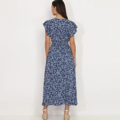 New La Modeuse Robe évasée smockée à fleurs Bleu