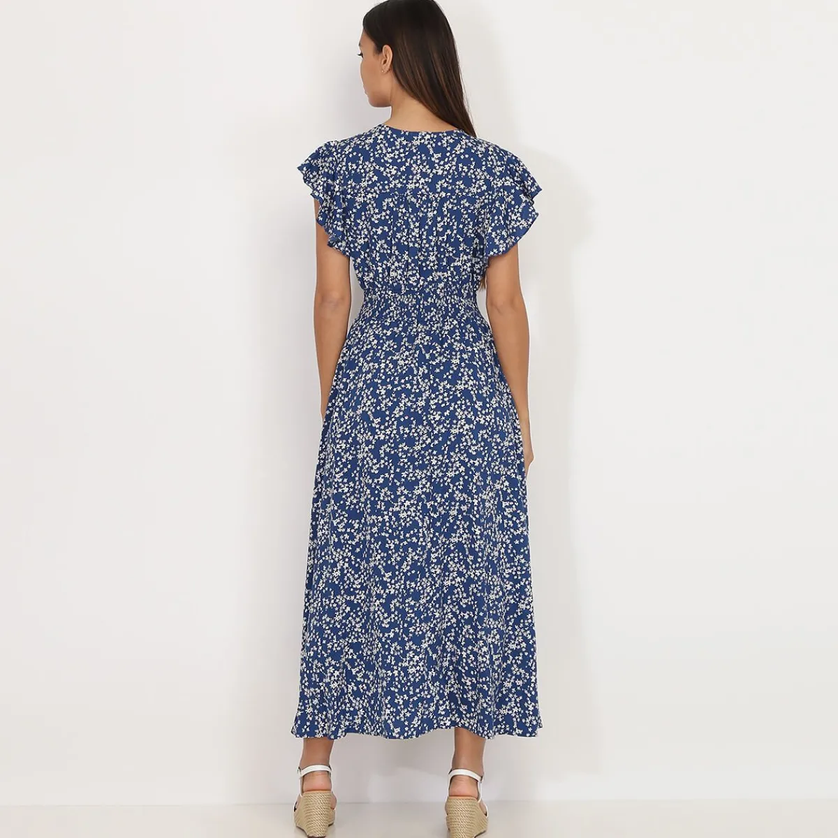 New La Modeuse Robe évasée smockée à fleurs Bleu
