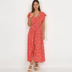 Hot La Modeuse Robe évasée smockée à fleurs Rouge