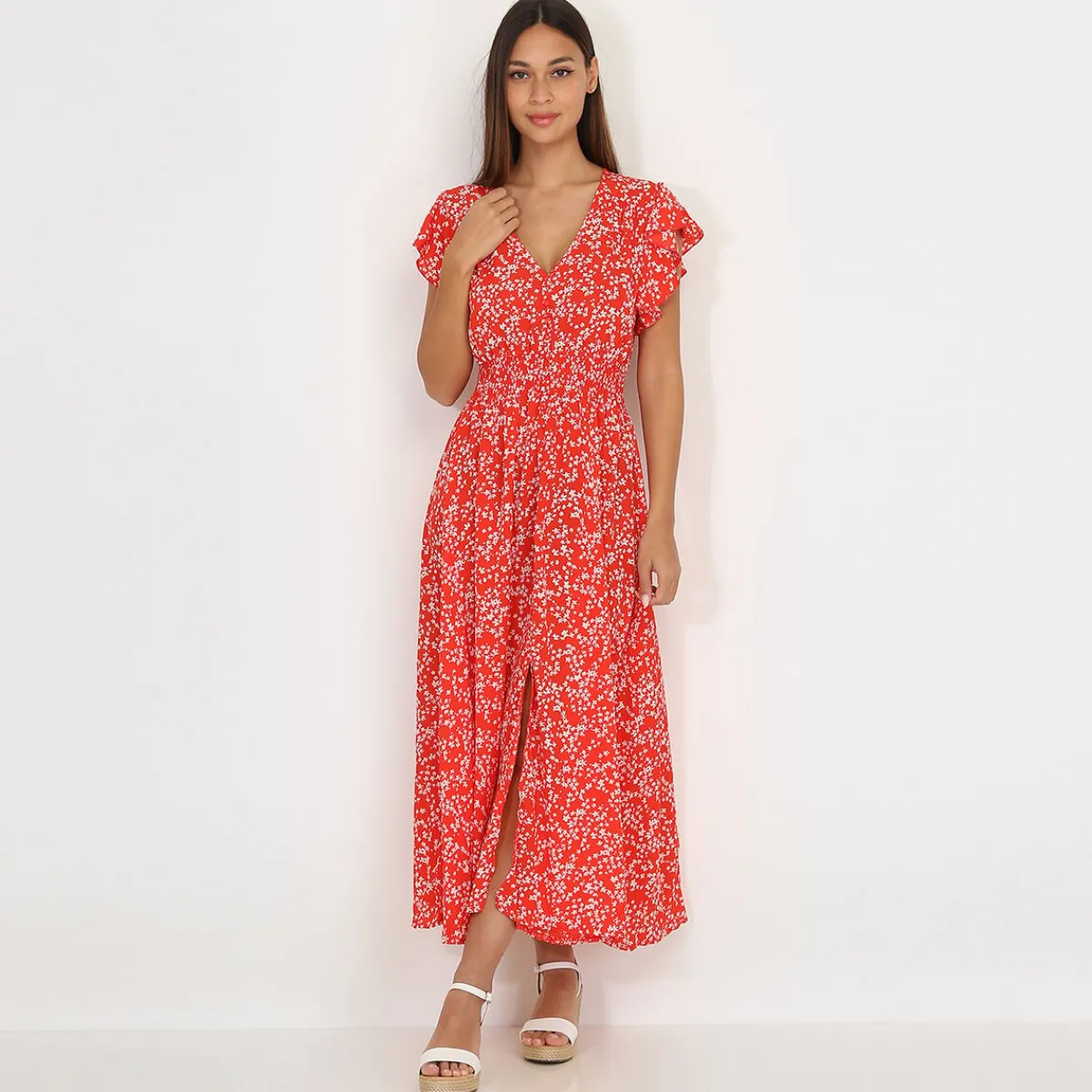 Hot La Modeuse Robe évasée smockée à fleurs Rouge