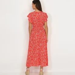 Hot La Modeuse Robe évasée smockée à fleurs Rouge