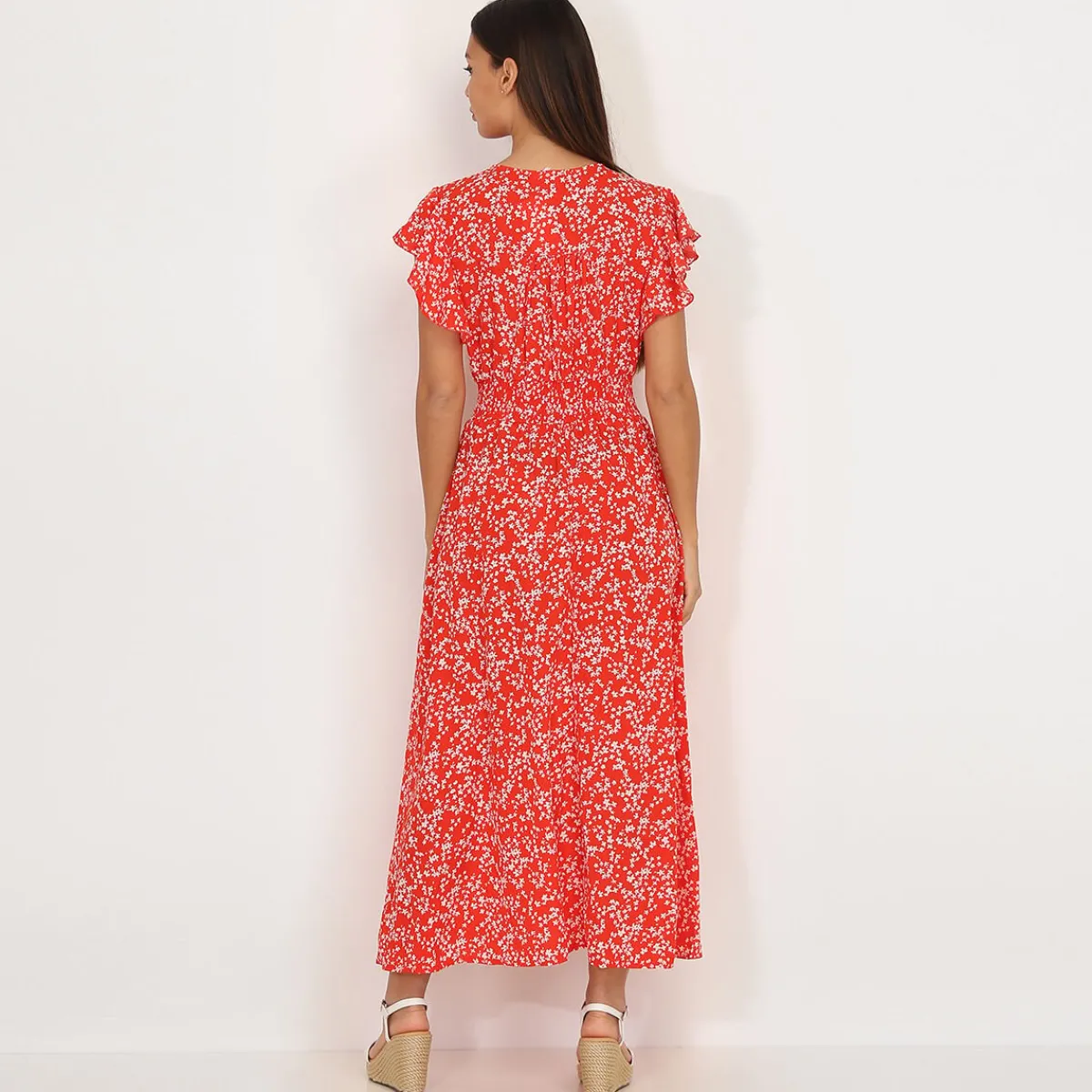 Hot La Modeuse Robe évasée smockée à fleurs Rouge