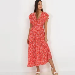Hot La Modeuse Robe évasée smockée à fleurs Rouge