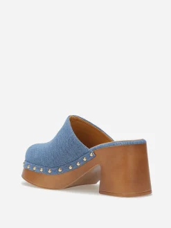 Outlet La Modeuse Sabots en denim à talon et clous BleuDenim