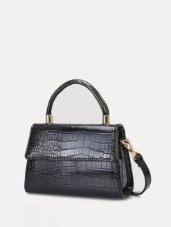 Hot La Modeuse Sac à main effet croco verni avec rabat Noir