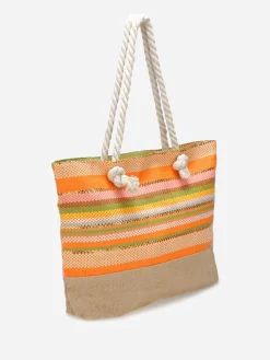 Online La Modeuse Sac cabas tissé à rayures et fils dorés Orange