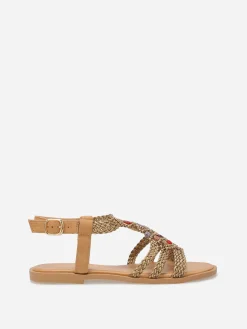La Modeuse Sandales à brides tressées et perles Camel