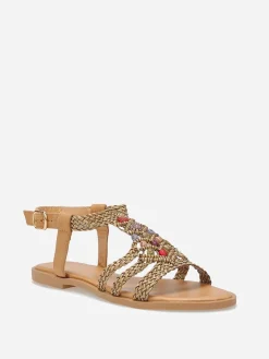 La Modeuse Sandales à brides tressées et perles Camel