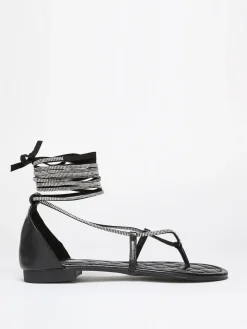 Outlet La Modeuse Sandales avec lacets en strass à nouer Noir