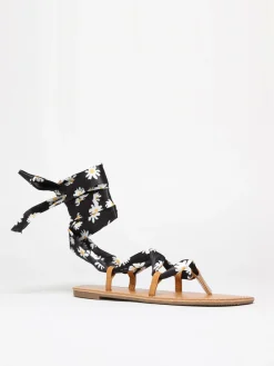 Sale La Modeuse Sandales avec ruban fleuri à nouer Noir
