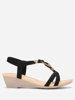 New La Modeuse Sandales compensées à perles ethniques Noir