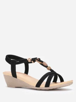 New La Modeuse Sandales compensées à perles ethniques Noir
