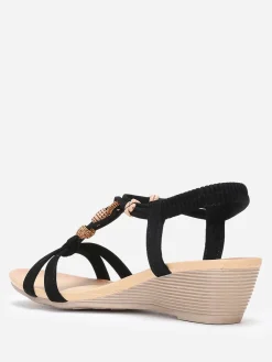 New La Modeuse Sandales compensées à perles ethniques Noir