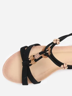 New La Modeuse Sandales compensées à perles ethniques Noir
