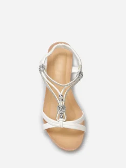 Clearance La Modeuse Sandales compensées à perles et strass Blanc