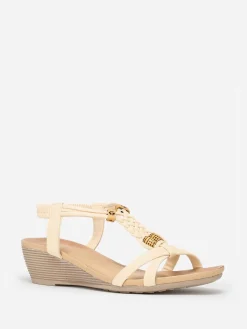 Clearance La Modeuse Sandales compensées à perles effet bois Beige