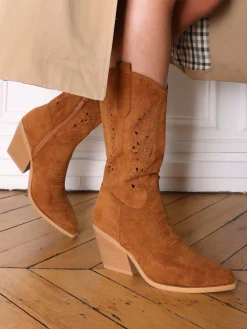 Clearance La Modeuse Santiags ajourées en suédine Camel